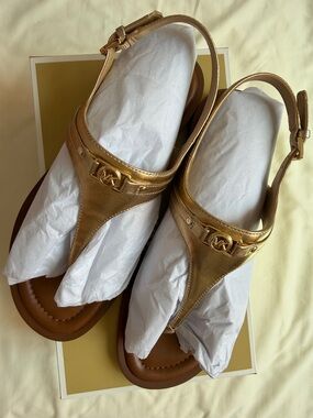 Michael Kors Metallic Gold Leather Thong Sandals with MK Logo